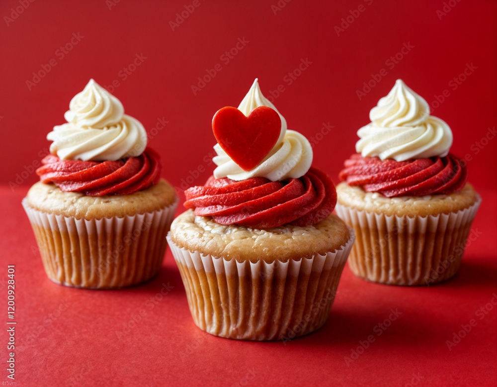 Cupcake love: Heart-themed treats on a vibrant red backdrop with copy space for your Valentines day greetings Cupcake love: Heart-themed treats on a vibrant red backdrop with copy space for your Valentines day greetings
