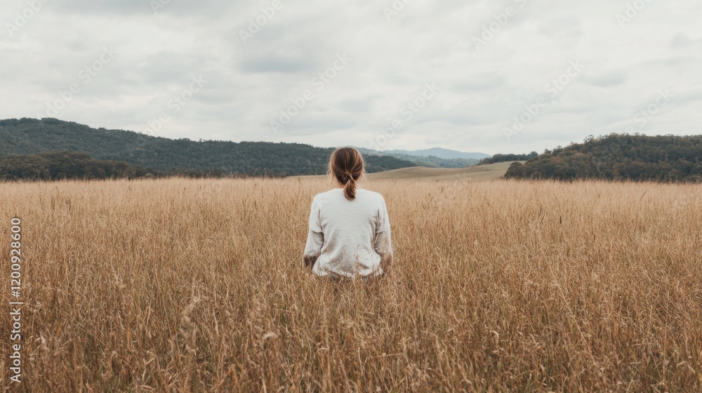 Woman sits in tall grass field, overlooking hills under a cloudy sky.