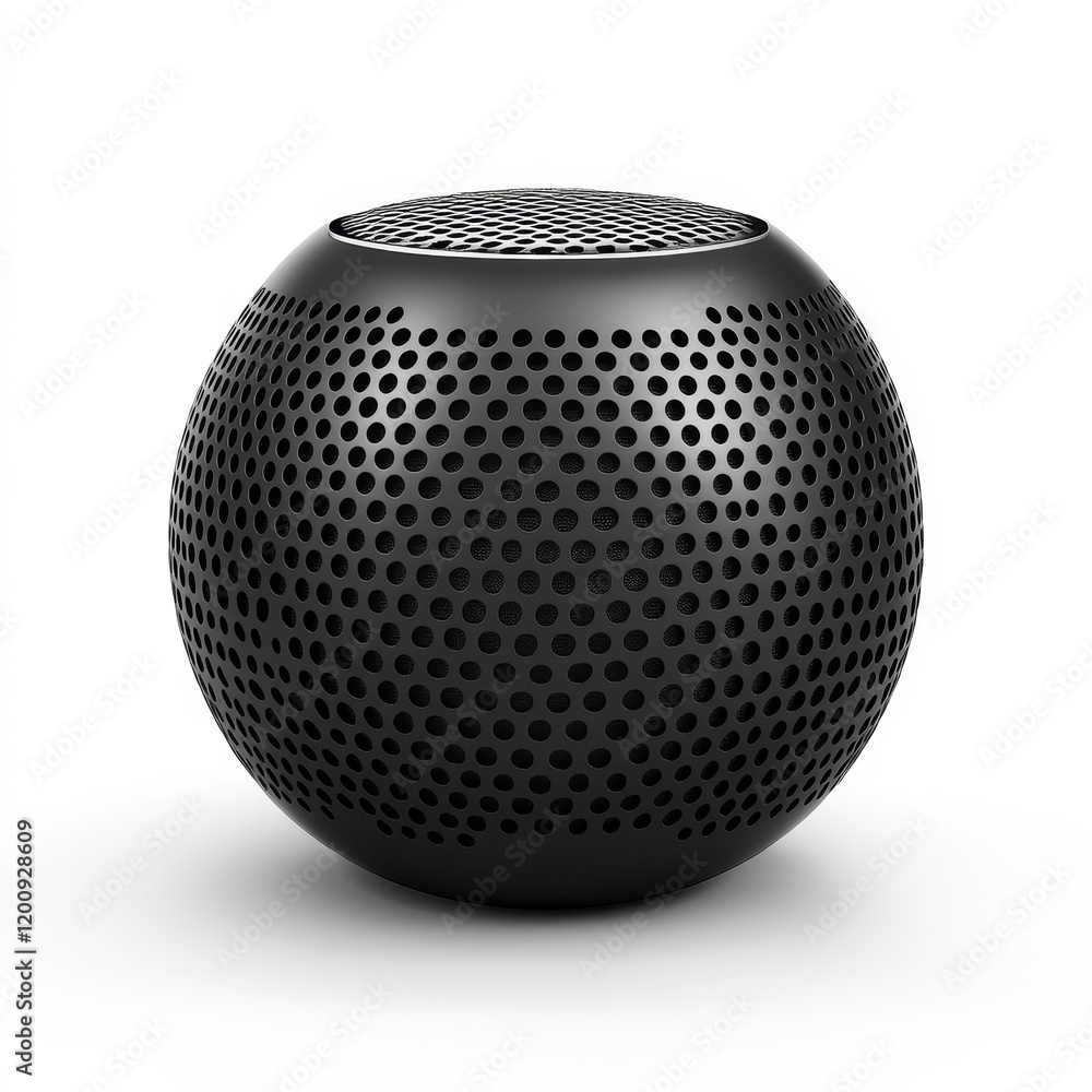 Black spherical portable Bluetooth speaker with perforated metal casing. Black spherical portable Bluetooth speaker with perforated metal casing.