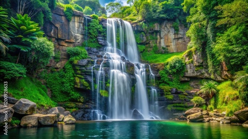 A waterfall cascading down a rocky cliff with lush greenery surrounding it, serene atmosphere, landscape