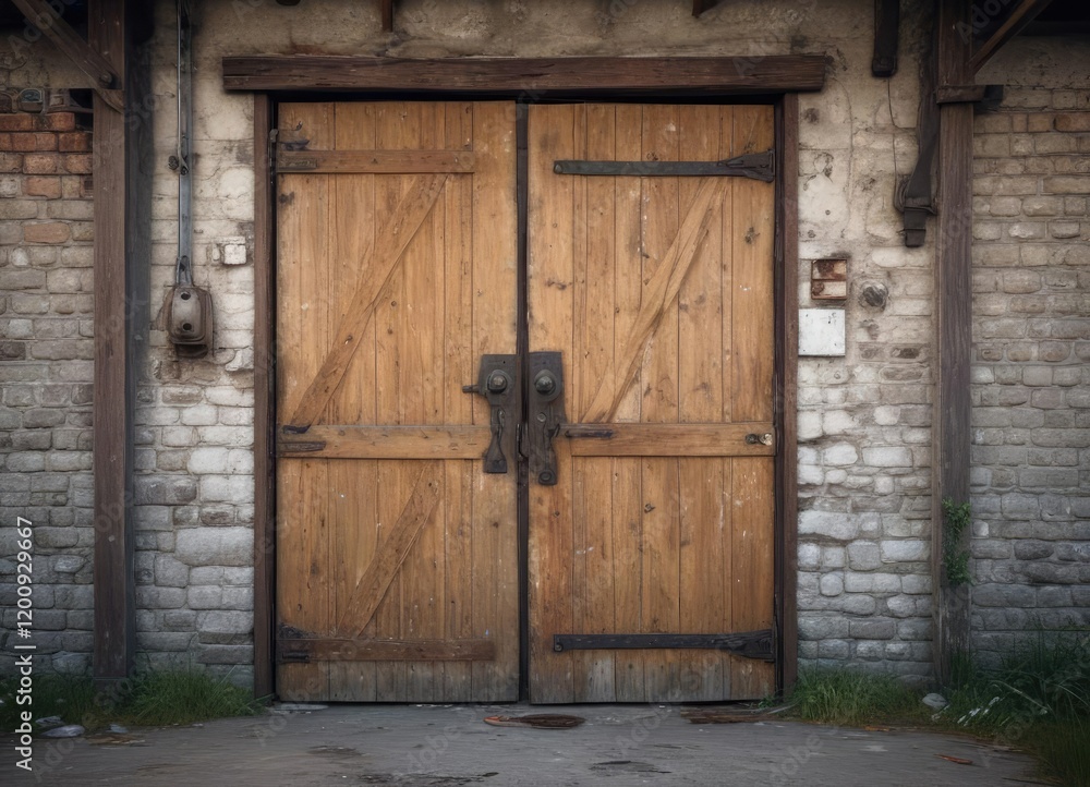Fototapeta premium Abandoned outbuilding door with broken hinges, forgotten structures, out of commission