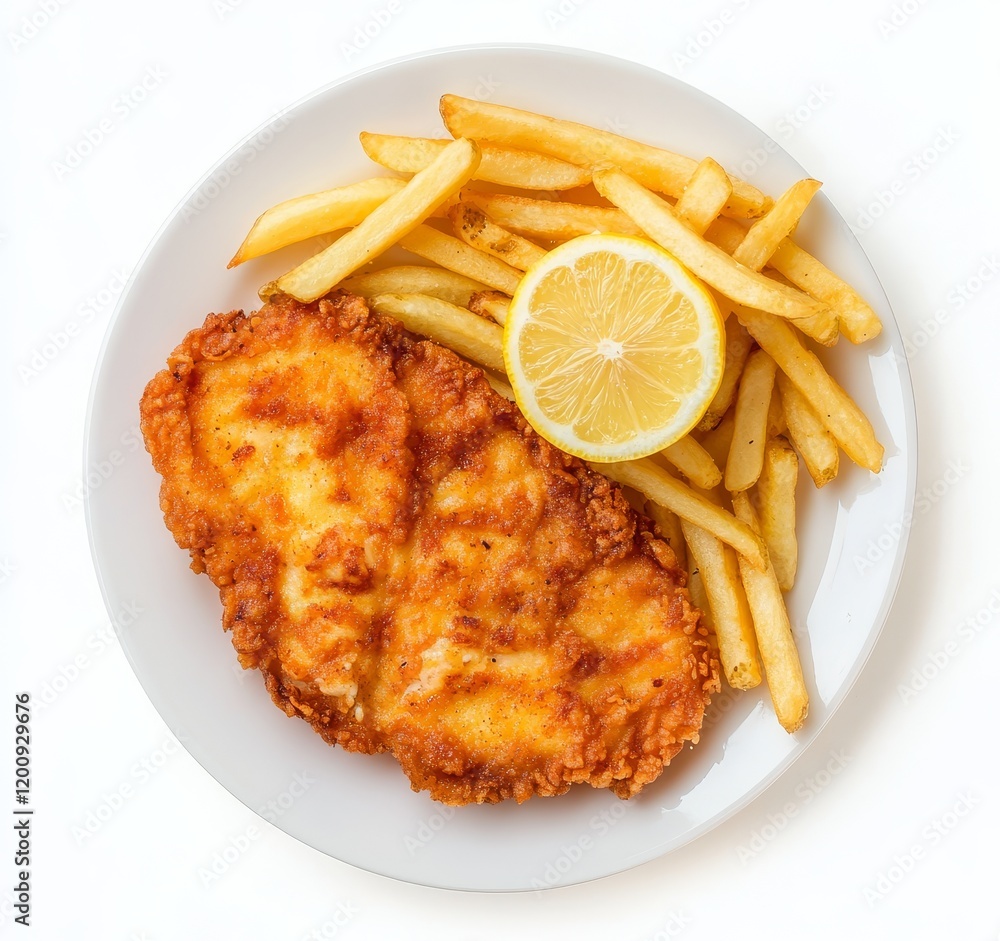 Crispy fried fish fillet with golden french fries and lemon wedge on a white plate. (1) Crispy fried fish fillet with golden french fries and lemon wedge on a white plate. (1)