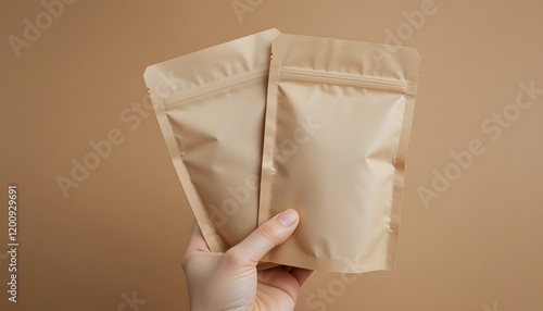 Two blank brown paper pouches held up by a hand against a brown background.