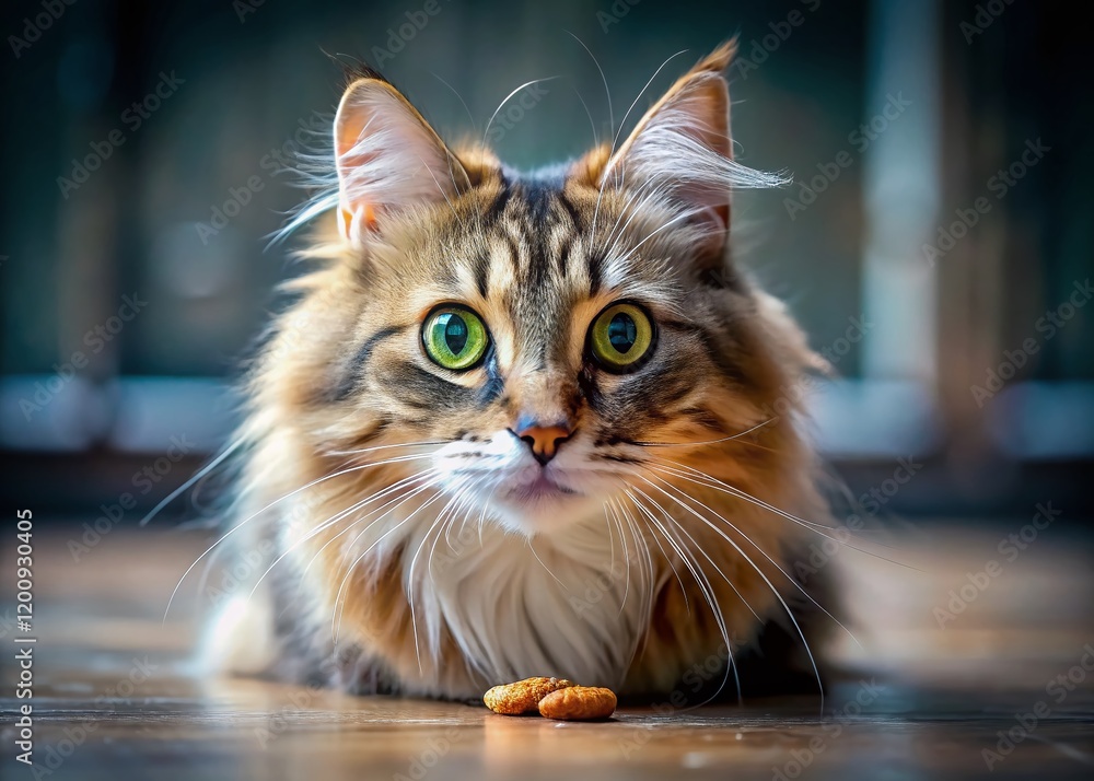 Adorable Long-Haired Cat Eyes Treat, Dilated Pupils, Attack Position, Close-Up Adorable Long-Haired Cat Eyes Treat, Dilated Pupils, Attack Position, Close-Up