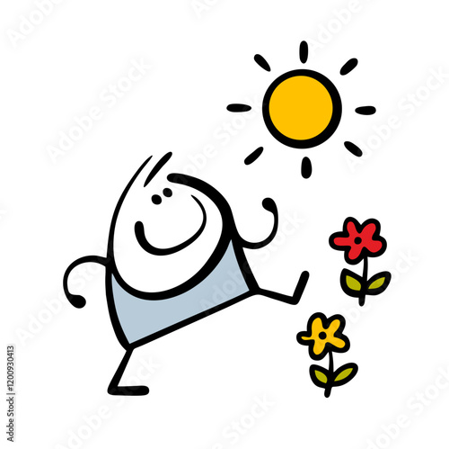 Satisfied stickman walks in nature, admires the flowers and the warm sun. Vector illustration of a spring mood and a cheerful man. Doodle character isolated on white background.