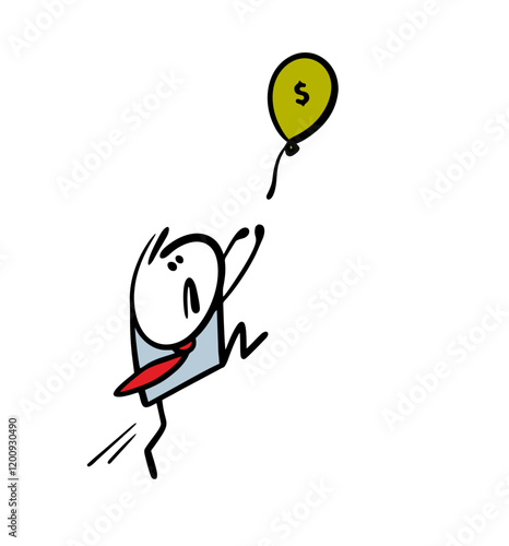 An alarmed businessman jumps for a balloon. Vector illustration of a business concept, an office employee has missed a financial benefit. Dollar sign, the stickman is at a loss. Doodle character.