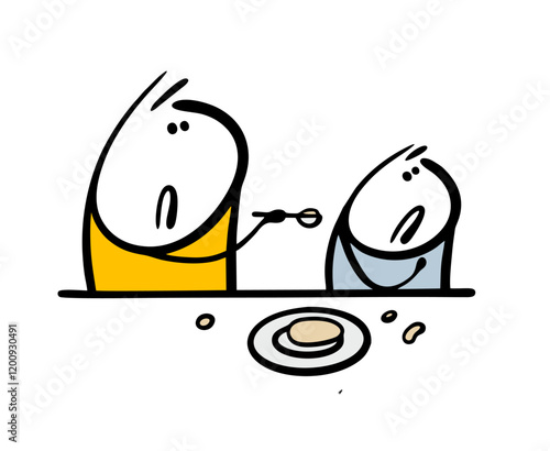 Mother feeds a small child porridge. Vector illustration of a woman holding  spoon,  baby turns his head away, acting up. Family dinner scene. Cartoon characters isolated on white background.