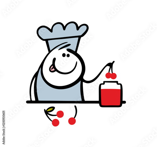 A funny pastry chef in a hat makes jam from red berries. Vector illustration of a man in the kitchen putting cherries in a jar and licking his lips. Doodle character isolated on white background.