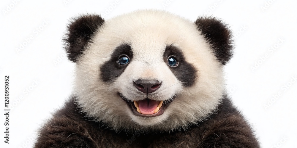 Naklejka premium Adorable Panda Cub Smiling, Bright Eyes, Isolated White Background Stock Photo