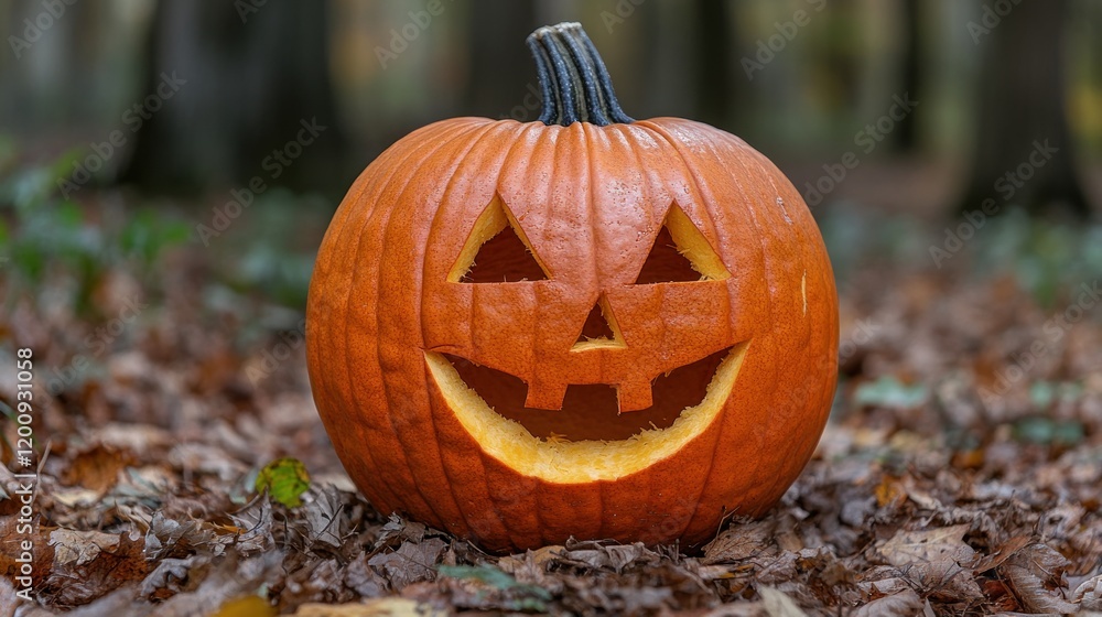 Cheerful Smiling Jack-o'-Lantern Surrounded by Autumn Leaves in Forest Cheerful Smiling Jack-o'-Lantern Surrounded by Autumn Leaves in Forest