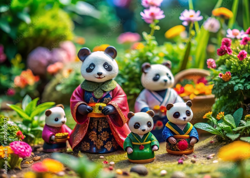 Fototapeta premium Adorable Panda Figurines in Robes: Trendy Home Decor Landscape Photography