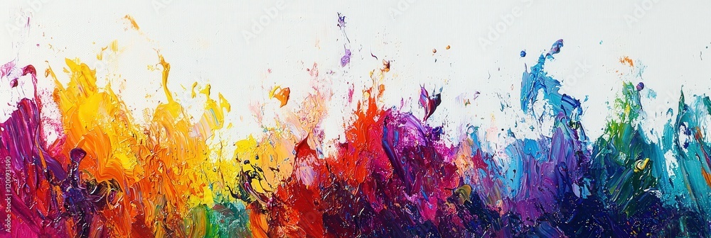 Fototapeta premium Energetic splash of paint in rainbow colors with dramatic texture on a white background,