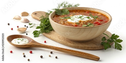 Acha soup with sour cream and herbs on top of a wooden spoon, herbs, sour cream, mediterranean, snack photo