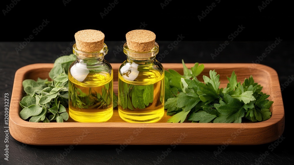 Centella Asiatica oil extract. Herbs and oils displayed on a wooden tray with black background. Centella Asiatica oil extract. Herbs and oils displayed on a wooden tray with black background.