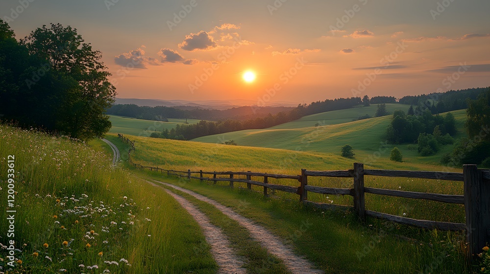 Picturesque countryside with green rolling hills, a wooden fence, and a warm summer sky Picturesque countryside with green rolling hills, a wooden fence, and a warm summer sky