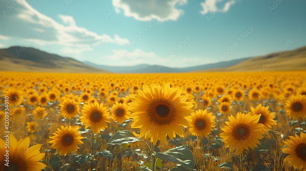 Fototapeta premium Blooming sunflower fields under a vast blue sky, symbolizing the warmth of summer