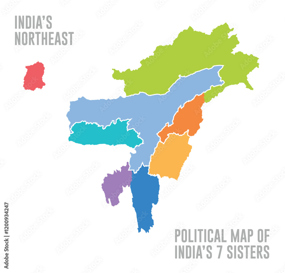 Fototapeta premium POLITICAL MAP OF NORTHEAST INDIA.eps