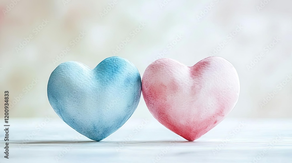 Hearts watercolor idea. Two artistic hearts in blue and pink representing love and affection. Hearts watercolor idea. Two artistic hearts in blue and pink representing love and affection.