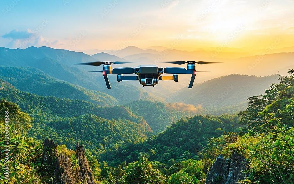 Fototapeta premium Drone flying over lush green mountain range at sunset.
