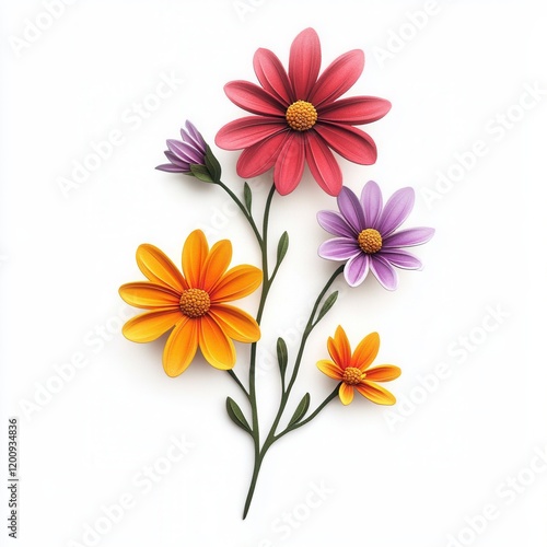 Colorful paper flowers, white background, design element (4)