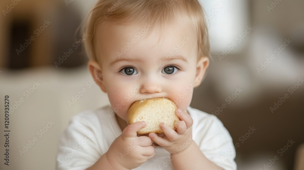 Adorable baby with blonde hair eating bread. Adorable baby with blonde hair eating bread.