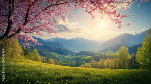 Cherry Blossom Tree in Sunset Glow Overlooking Mountain Valley and Blooming Spring Meadow