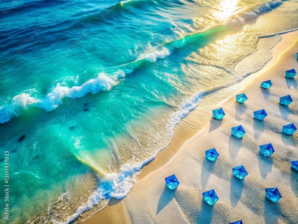 Fototapeta premium Aerial Drone Shot of Sparkling Blue Diamonds Scattered on Pristine White Sand Beach