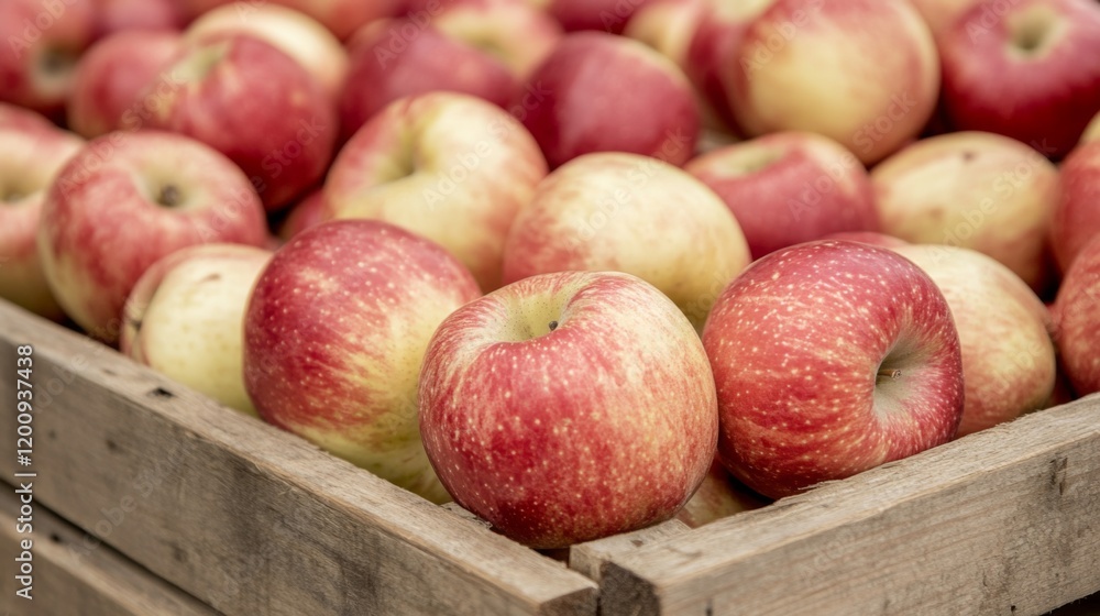 Close-up of ripe red and yellow apples in a wooden crate. Close-up of ripe red and yellow apples in a wooden crate.