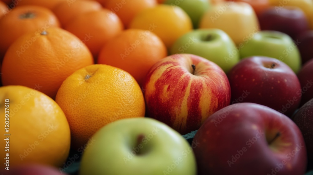 Close-up of vibrant oranges and apples arranged in rows. Close-up of vibrant oranges and apples arranged in rows.