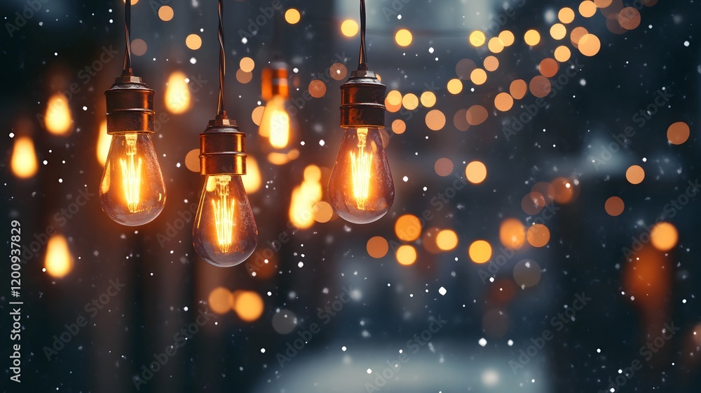 Obraz premium Illuminated Vintage Bulbs Hanging In Snowy Winter Night