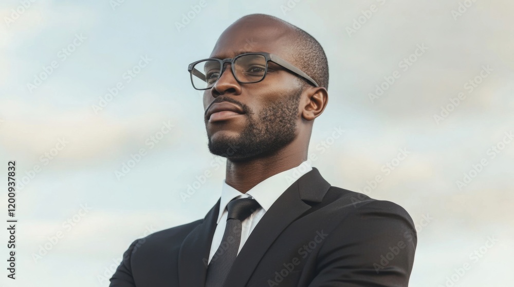 Confident African American businessman in suit, glasses, outdoors. Confident African American businessman in suit, glasses, outdoors.