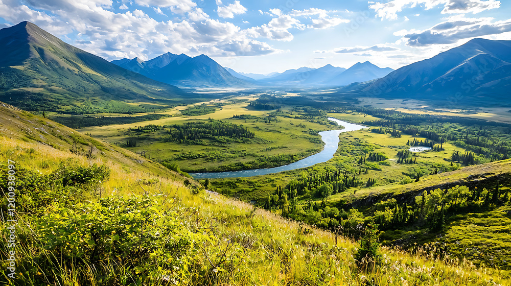 Obraz premium breathtaking landscape vista of glacial valley with winding river, surrounded by majestic mountains and lush greenery