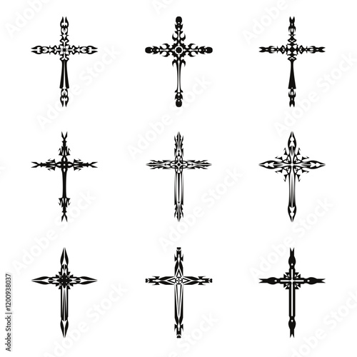Christian cross vector icon symbols.  Abstract christian religious belief or faith art illustration for orthodox or catholic design. The symbol of the cross in various designs used in tattoo.