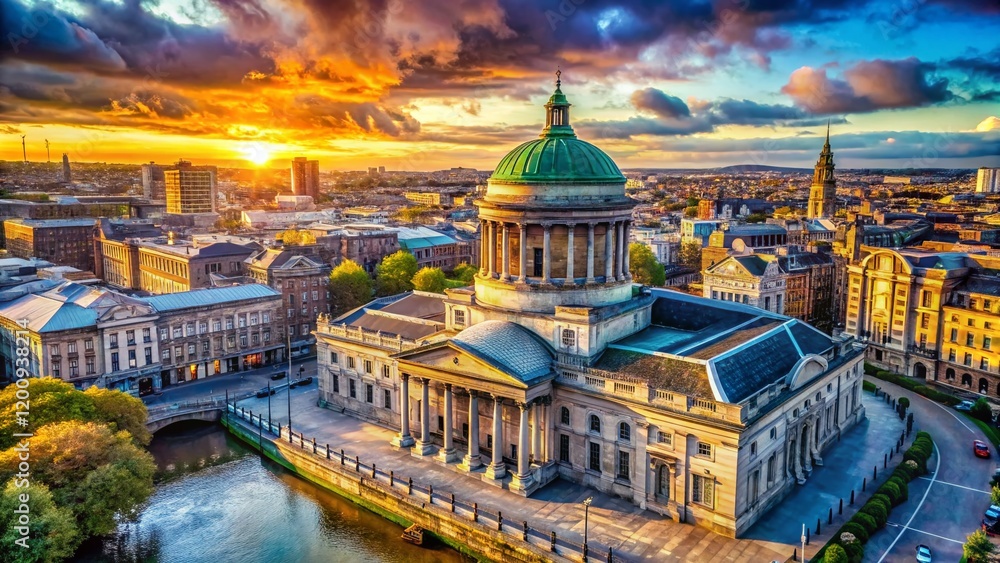 Fototapeta premium Aerial Drone View of Dublin's Four Courts, Macro Architectural Detail, Ireland