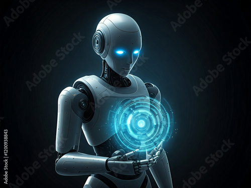 A futuristic humanoid robot with glowing blue eyes holds a holographic interface, symbolizing advanced technology and artificial intelligence in a dark, sleek environment