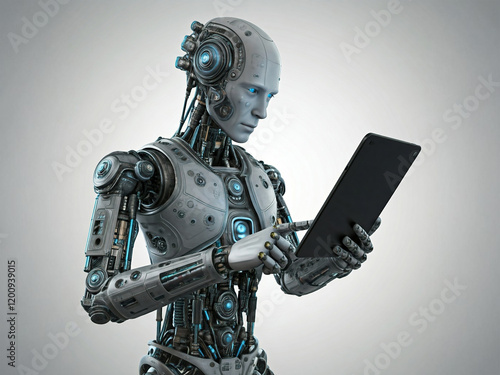 A humanoid robot focused on a tablet, showcasing advanced robotics and technology. Its intricate design and glowing elements highlight a futuristic vision of artificial intelligence