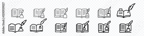Write Story line icon. open book ink bottle icon, Open book with ink bottle and quill pen vector icon. creative black open book feather ink pen with bottle icon