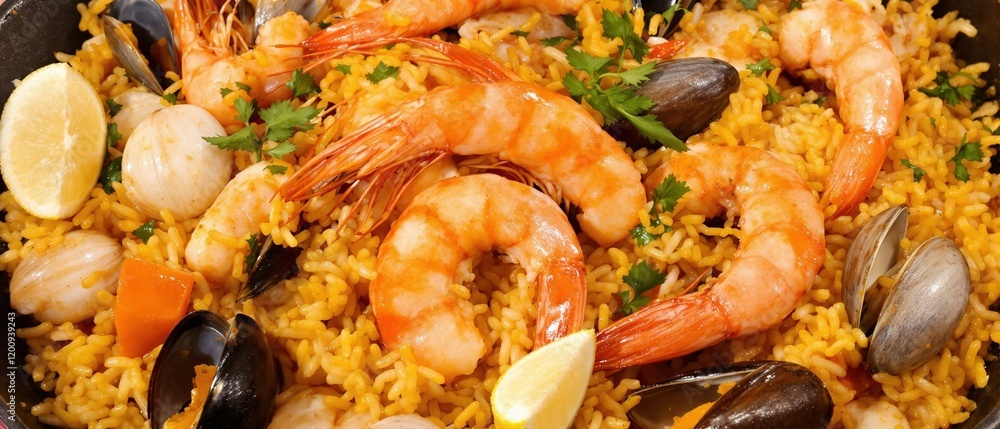 Seafood Paella with prawns, clams, mussels on saffron rice - Spanish food style Seafood Paella with prawns, clams, mussels on saffron rice - Spanish food style