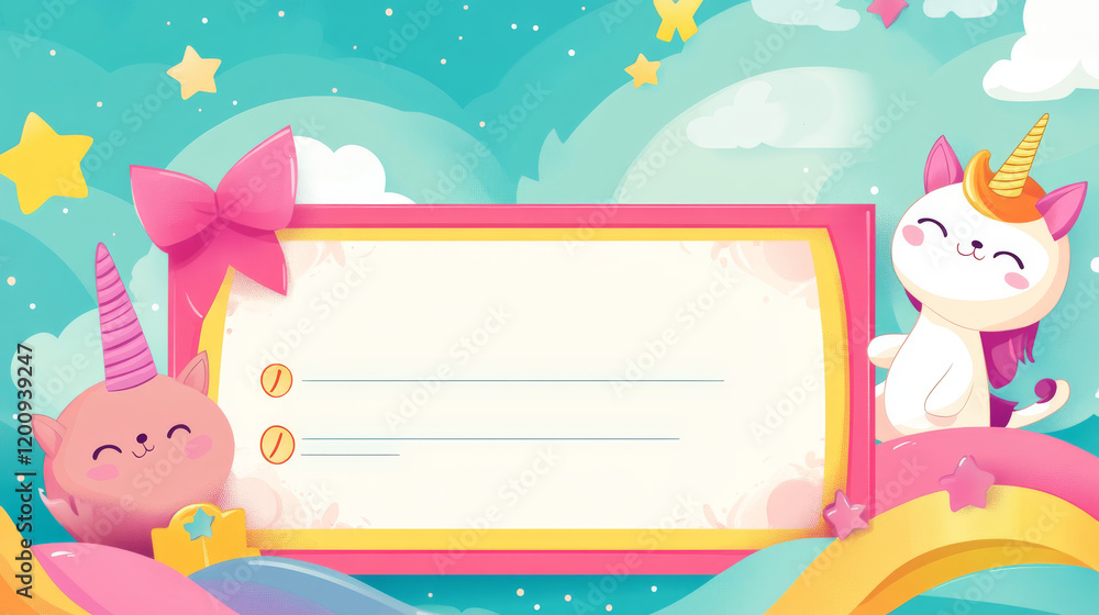 Kids diploma, cartoon caticorn cats and kitten characters. Vector educational or achievement school award frame template, kindergarten certificate with cute kawaii feline unicorns activities and fun Kids diploma, cartoon caticorn cats and kitten characters. Vector educational or achievement school award frame template, kindergarten certificate with cute kawaii feline unicorns activities and fun