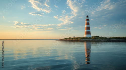 Line sea lighthouses and beacons with waves and beams, vector nautical navigation and travel themes. Outline ocean beach safety towers or light houses with blue, red and white striped pattern photo