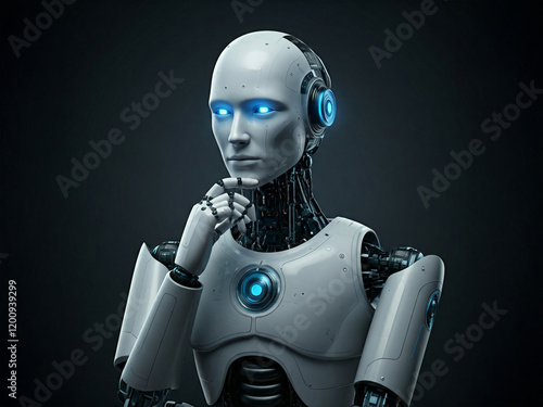 A thoughtful humanoid robot with glowing blue eyes, highlighting its advanced design and intelligence, set against a dark background, symbolizing the future of technology