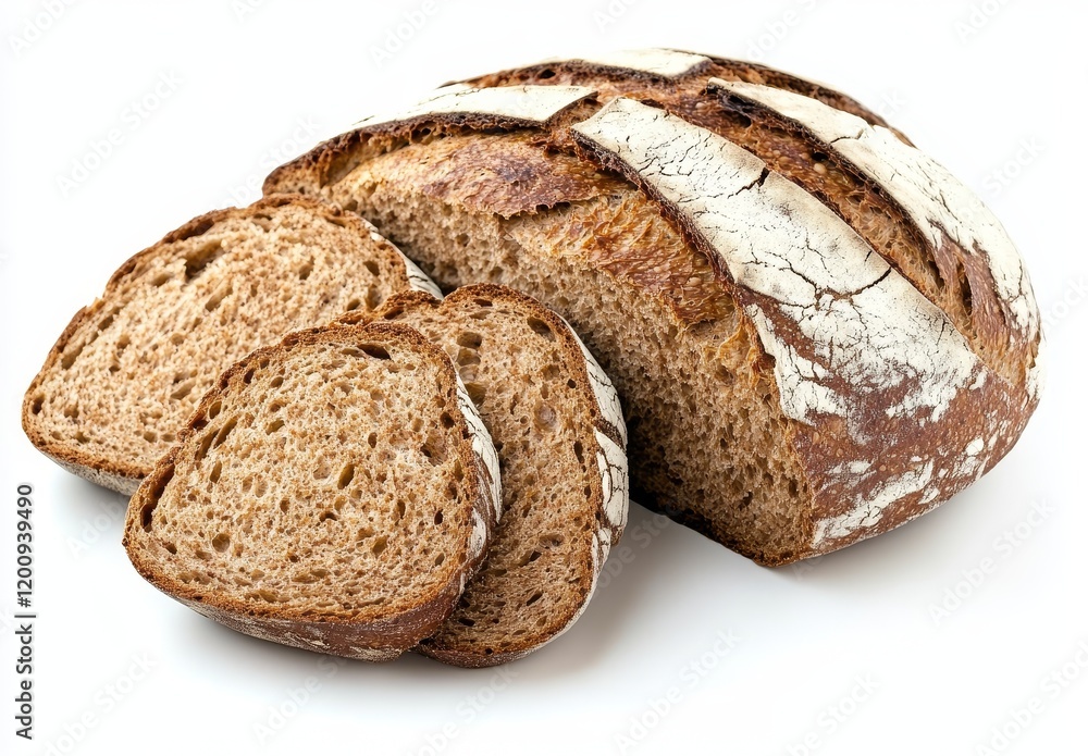 Crusty sourdough bread loaf with three slices. Crusty sourdough bread loaf with three slices.