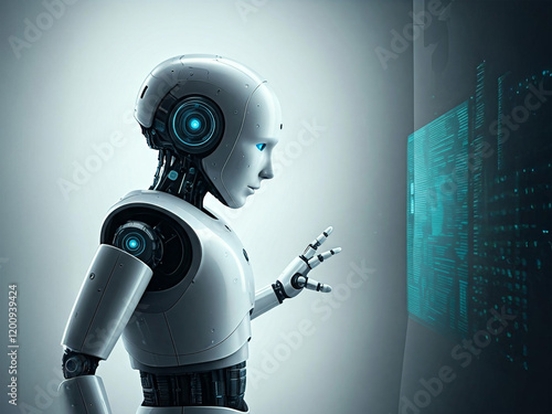 Futuristic humanoid robot interacting with a digital interface, showcasing advanced technology and artificial intelligence in a sleek, modern environment