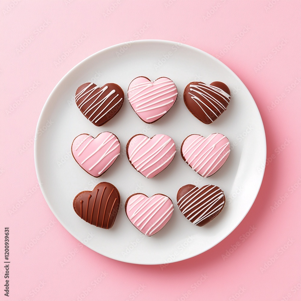 Obraz premium Heart-shaped cookies arranged on a plate, Valentine's Day sweets with colorful icing, surrounded by red and pink decor, festive and cheerful, perfect stock photo look, no trademarks, no watermark