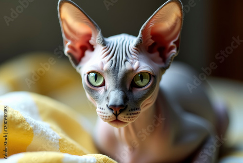 Close-up of a Sphynx cat with green eyes and large ears