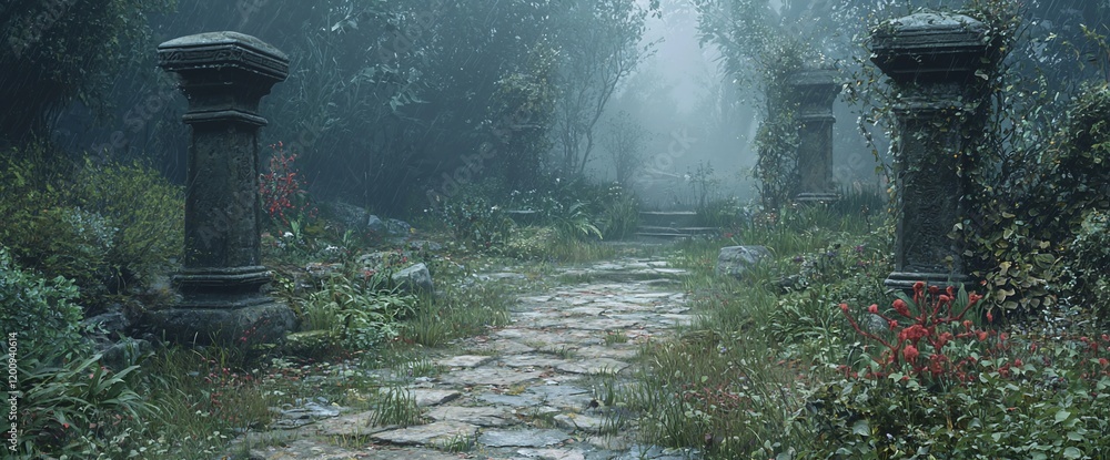 Fototapeta premium Misty forest path with ancient stone pillars and red flowers.
