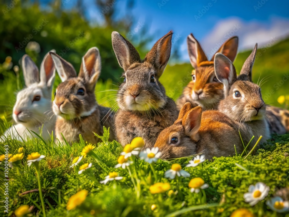 Fototapeta premium Aerial View: Colorful European Rabbits Sunbathing in Meadow