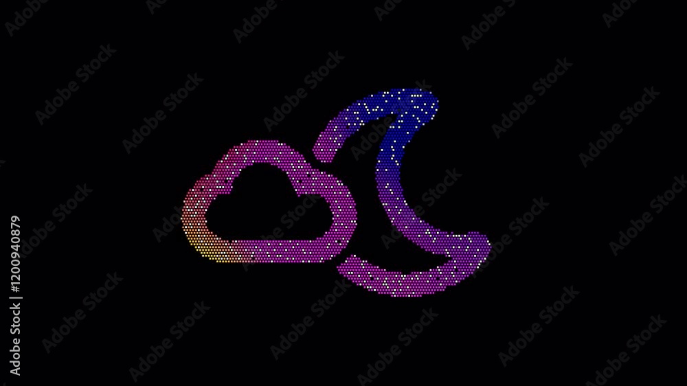 Icon moon cloud is made up of LED square shapes that shimmer and flicker. There are black dead diodes. In-Out looped. Alpha BW at the end Icon moon cloud is made up of LED square shapes that shimmer and flicker. There are black dead diodes. In-Out looped. Alpha BW at the end