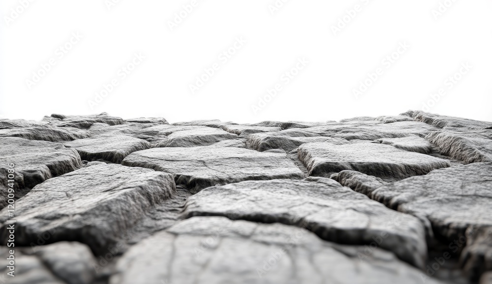 Close-up view of grey cobblestone pavement, perspective angled upward against a white background. Close-up view of grey cobblestone pavement, perspective angled upward against a white background.