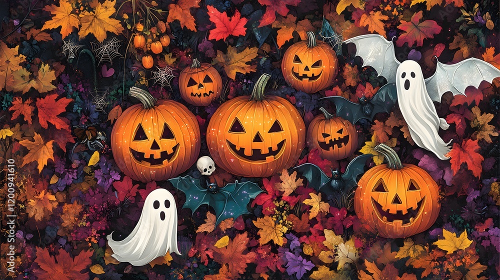 Autumnal Halloween Jackolanterns Ghosts Bats And Leaves Autumnal Halloween Jackolanterns Ghosts Bats And Leaves